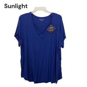 Ava & Viv Womens Plus Size 3X Blue V-Neck Short Sleeve Top